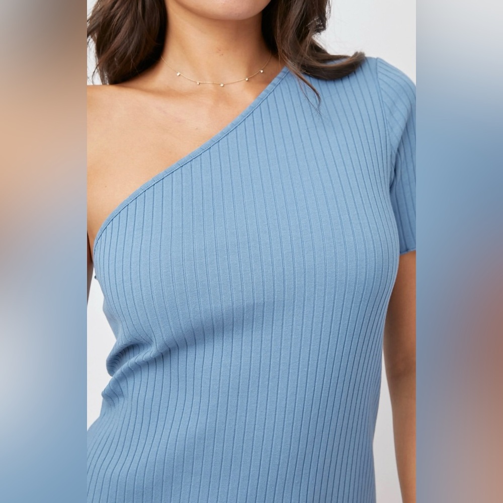 Rails Rania One Shoulder Midi Dress Aegean Blue Size M Ribbed Knit Ruffled Hem - Picture 2 of 8